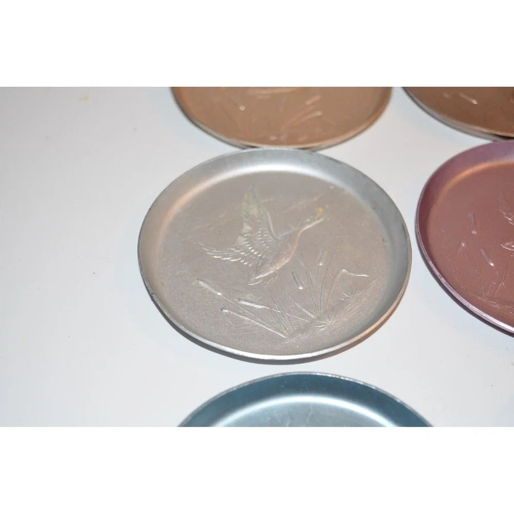 Vtg 6 pc set Ducks Flying‎ Over Cattails Embossed Aluminum Coasters